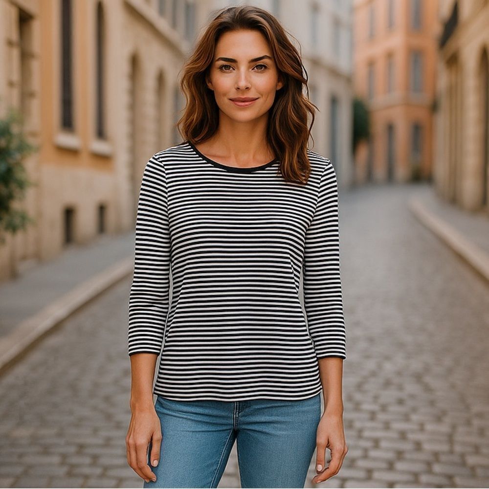 J.Jill Wearever Tunic Sweater Top Stripe Black White Staple Mature Size M Petite